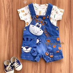 Jardineira Jeans Bordado Fofinho com Body Baby Safari