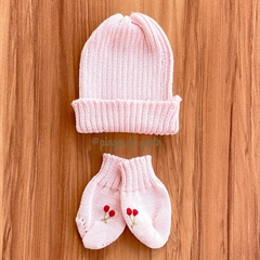 Kit de Touca e Luva Tricot Cerejinhas