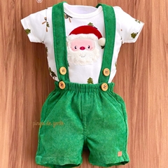 Conjunto Jardineira Veludo e Body Bordado Fofinho Noel