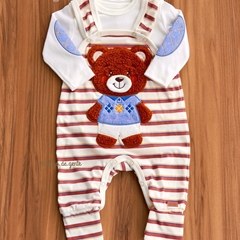Jardineira Listras Bordado Fofinho com Body Ursinho Adam