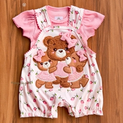Romper Floral com Body Canelado Bordado Fofinho Ursinha Cecília
