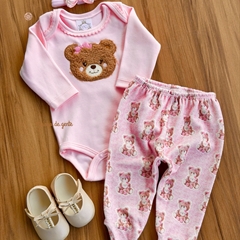 Conjunto Body Bordado e Calça Plush Ursinha Luna .